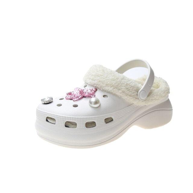 New Winter Crystal Shallow Home Cotton Shoes Flats Flip Flops Women Casual Warm Hollow Short Plush Slippers Unisex Garden Clogs Shoes Classic Lined Clog Warm And Fuzzy Slippers Indoor Soft Comfortable Clogs