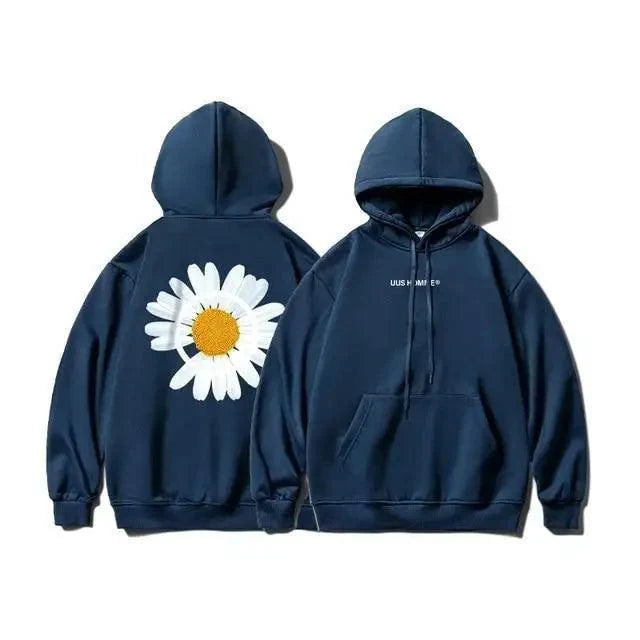New Winter Loose Hooded Sweatshirts Men Thicken Warm Coat Hoodies Male Oversize Pullovers Sweatshirt Women Sunflower Printed Long Sleeve Pullover Sweatshirts Loose Drawstring Hoodie