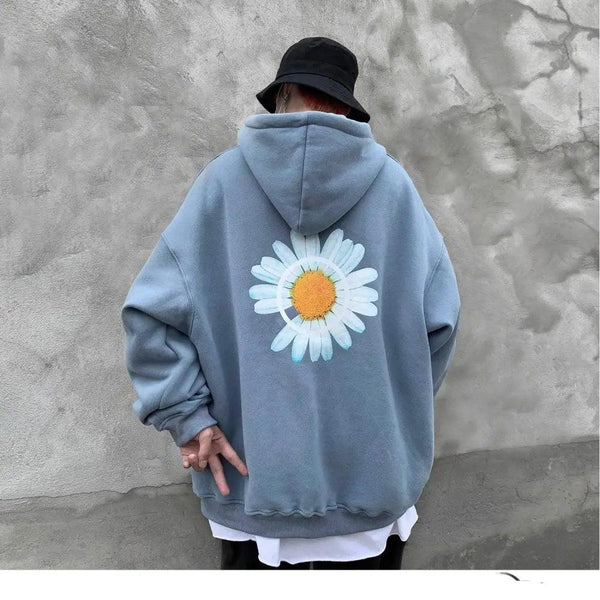 New Winter Loose Hooded Sweatshirts Men Thicken Warm Coat Hoodies Male Oversize Pullovers Sweatshirt Women Sunflower Printed Long Sleeve Pullover Sweatshirts Loose Drawstring Hoodie