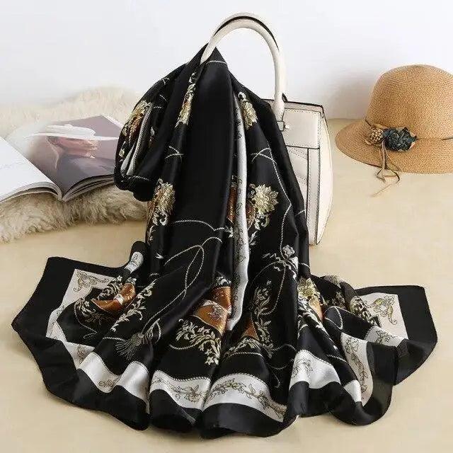 New Women Autumn Winter Fashion Silk Scarf Shawl Beach Headband Female Casual Wear Beach Friendly Spring Silk Scarf Flower Print Silk Scarves Shawls and Wraps Long Size Beach Stoles