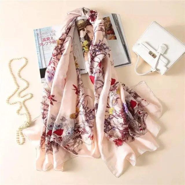 New Women Autumn Winter Fashion Silk Scarf Shawl Beach Headband Female Casual Wear Beach Friendly Spring Silk Scarf Flower Print Silk Scarves Shawls and Wraps Long Size Beach Stoles