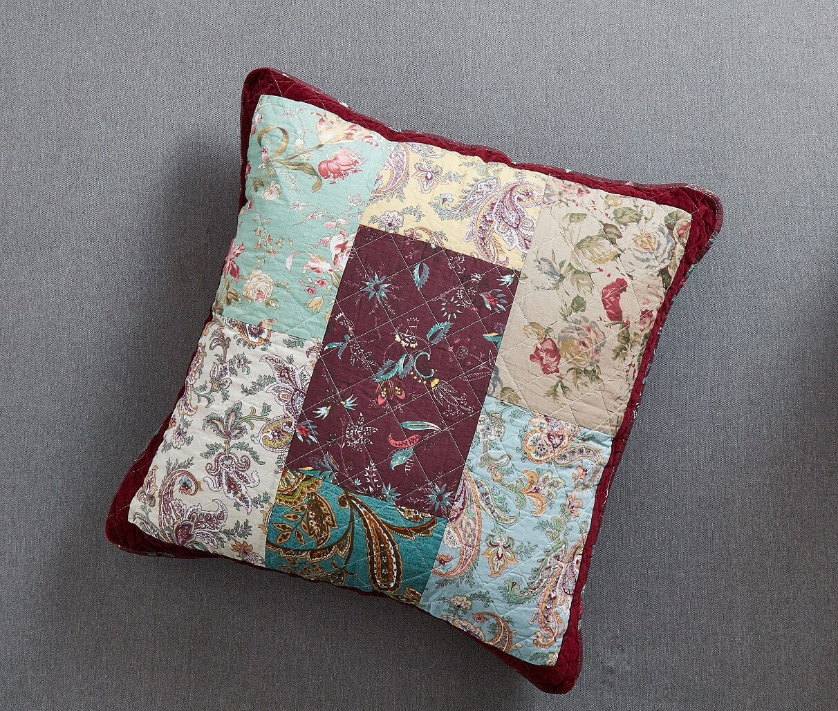 DaDa Bedding Patchwork Burgundy Red Velvet Floral Euro Pillow Cover, 26