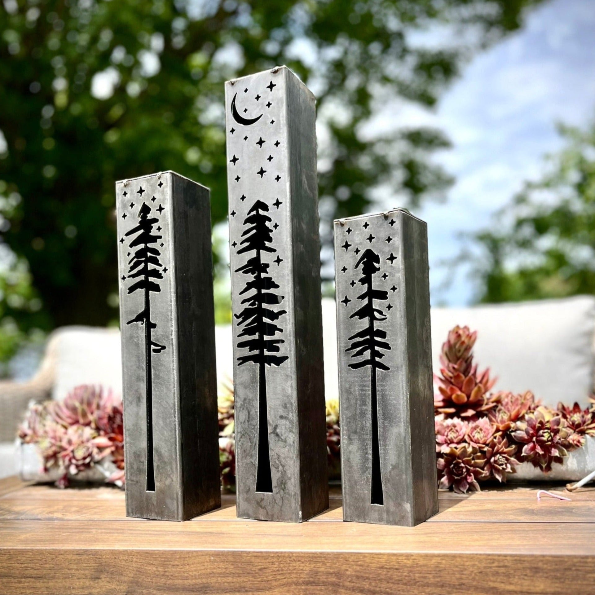 Pine Tree Night Sky Luminary Pillar w/ Solar Cap | 12-inch, 14-inch, 16-inch