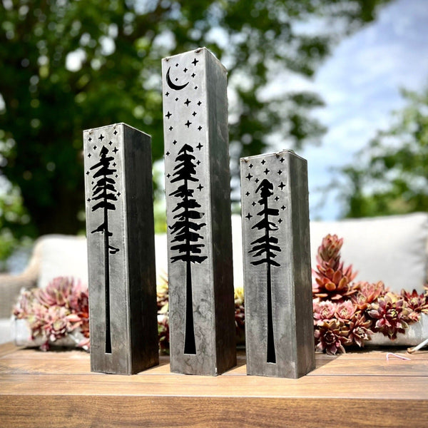 Pine Tree Night Sky Luminary Pillar w/ Solar Cap | 12-inch, 14-inch, 16-inch