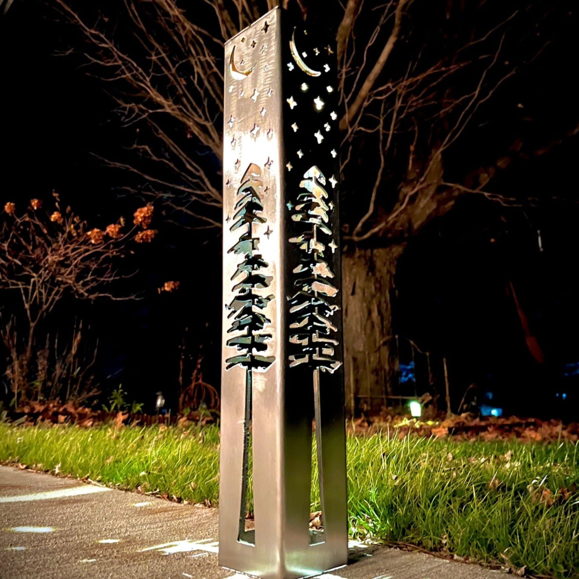 4-Sided Night Sky Pine Tree Solar Pillar - Steel