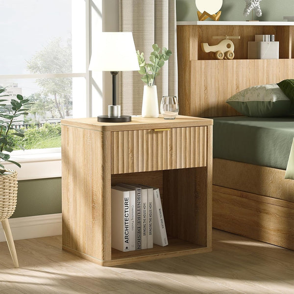 Fluted LED Nightstand with Charging Station, Drawer Side Tables, Oak - Vektaya