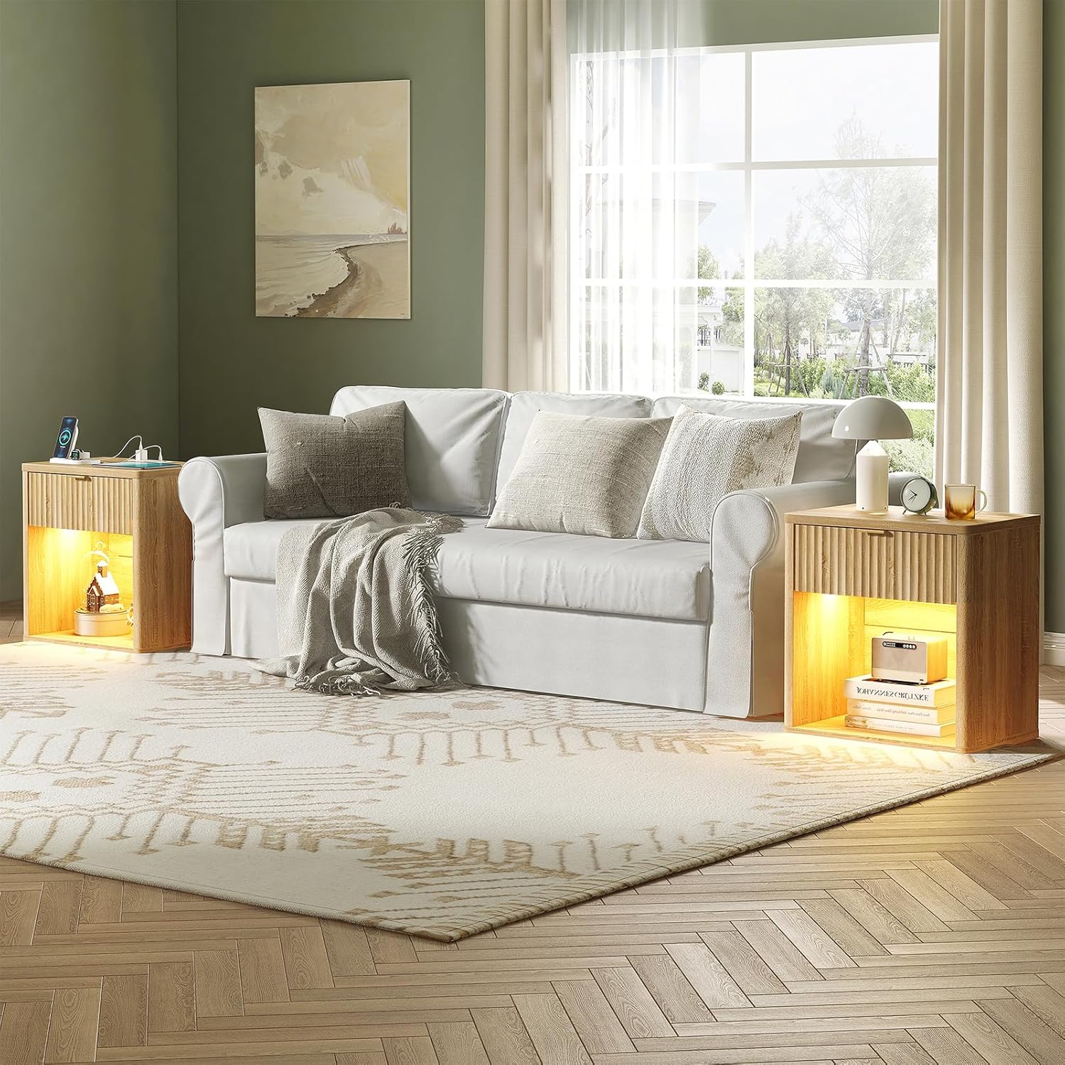 Fluted LED Nightstand with Charging Station, Drawer Side Tables, Oak - Vektaya