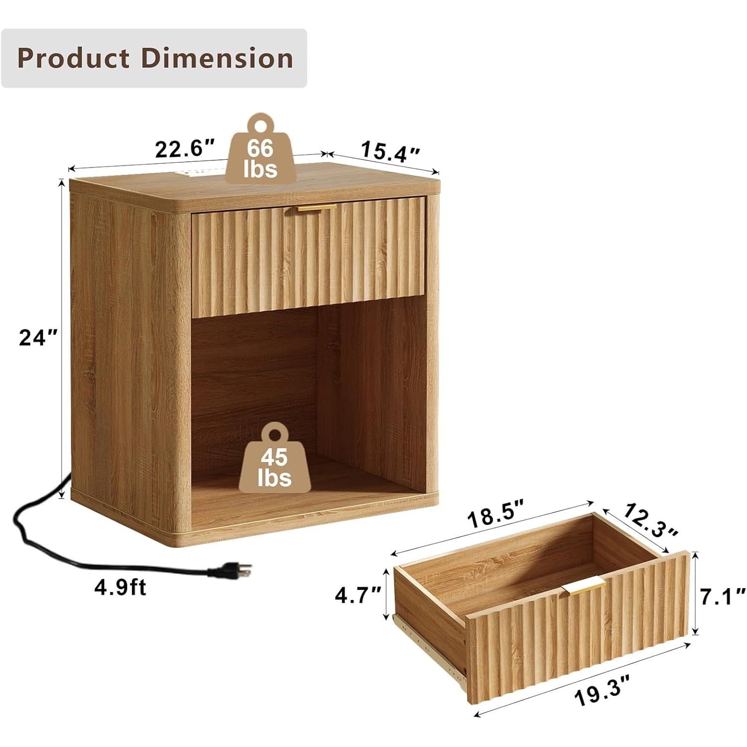 Fluted LED Nightstand with Charging Station, Drawer Side Tables, Oak - Vektaya