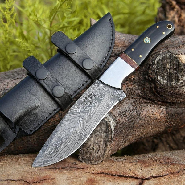Nimbus Damascus Hutning Knife with Horn & Rose Wood Handle - Gifts for You 'n Me