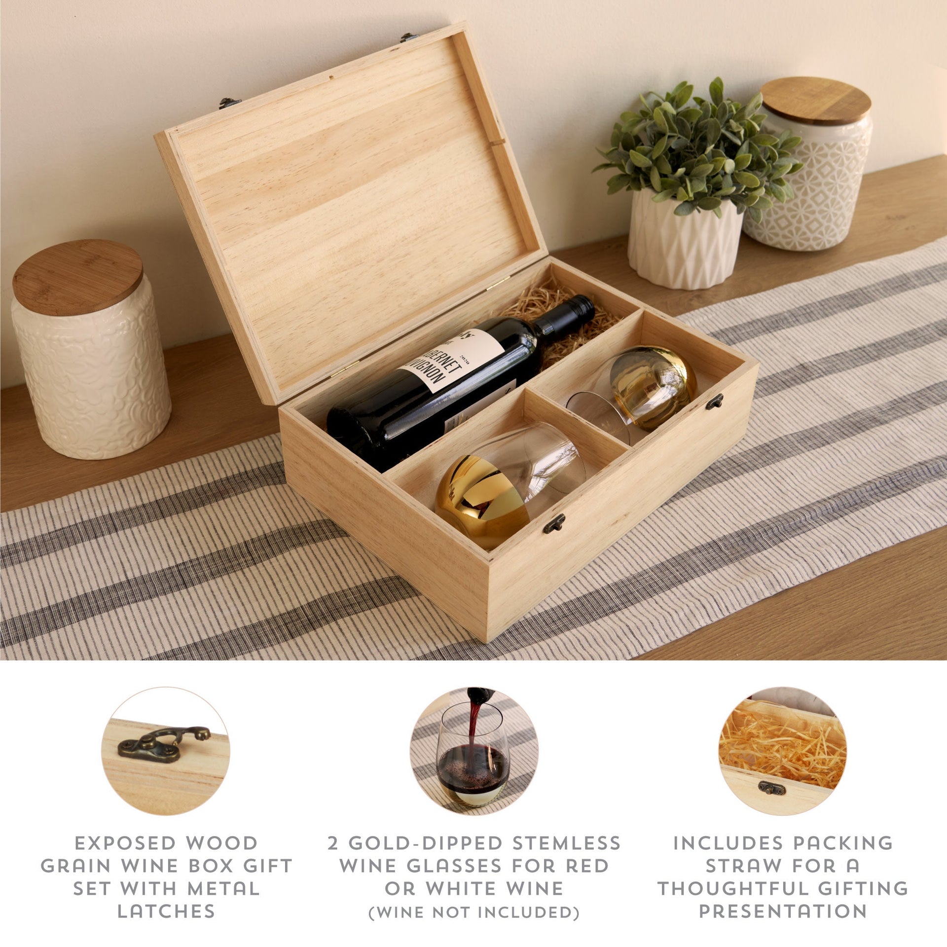 Wood Wine Gift Box with 2 Stemless Glasses