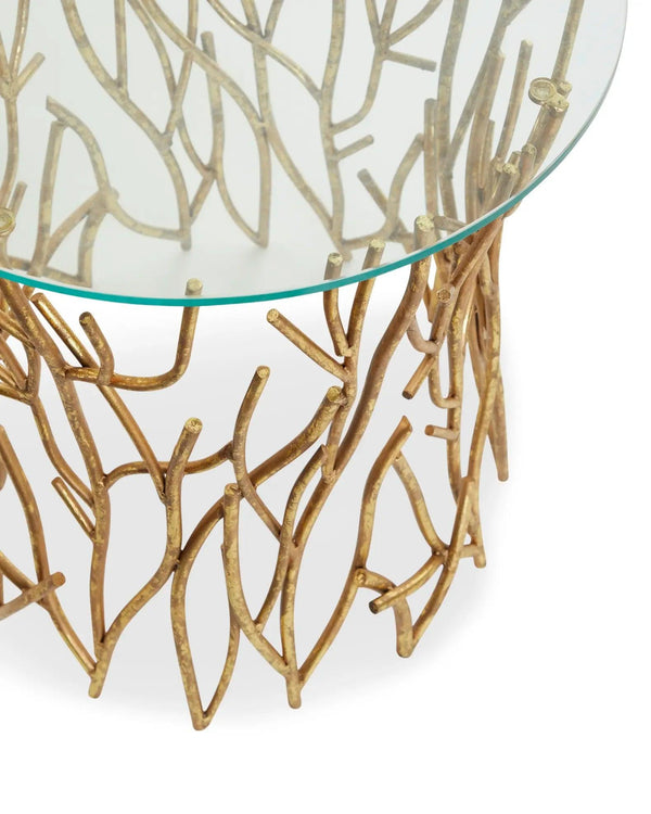 Italian Golden Iron Round Twig Accent Side Table with Glass Top - Gifts for You 'n Me