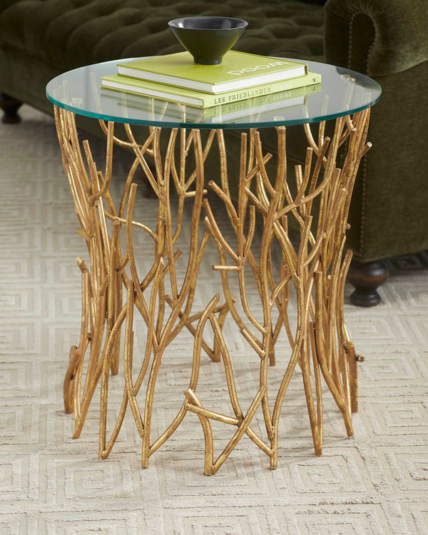 Italian Golden Iron Round Twig Accent Side Table with Glass Top - Gifts for You 'n Me