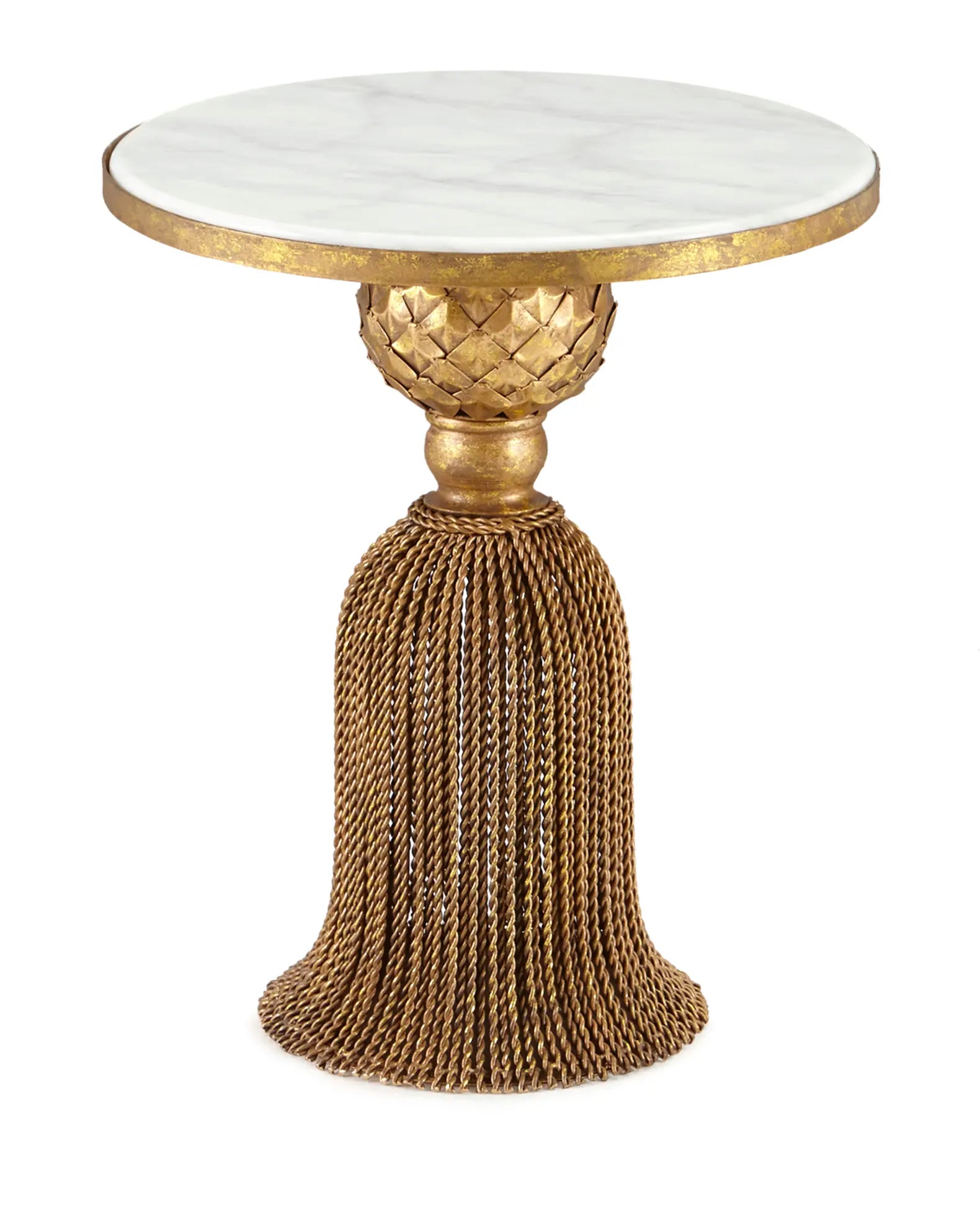 Italian Kay Gold Round Tassel Side Table with White Marble Top