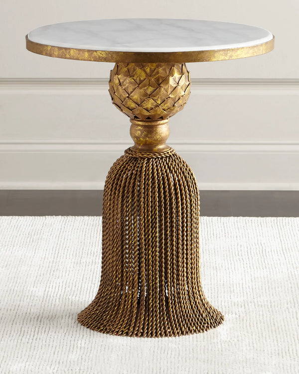 Italian Kay Gold Round Tassel Side Table with White Marble Top - Gifts for You 'n Me