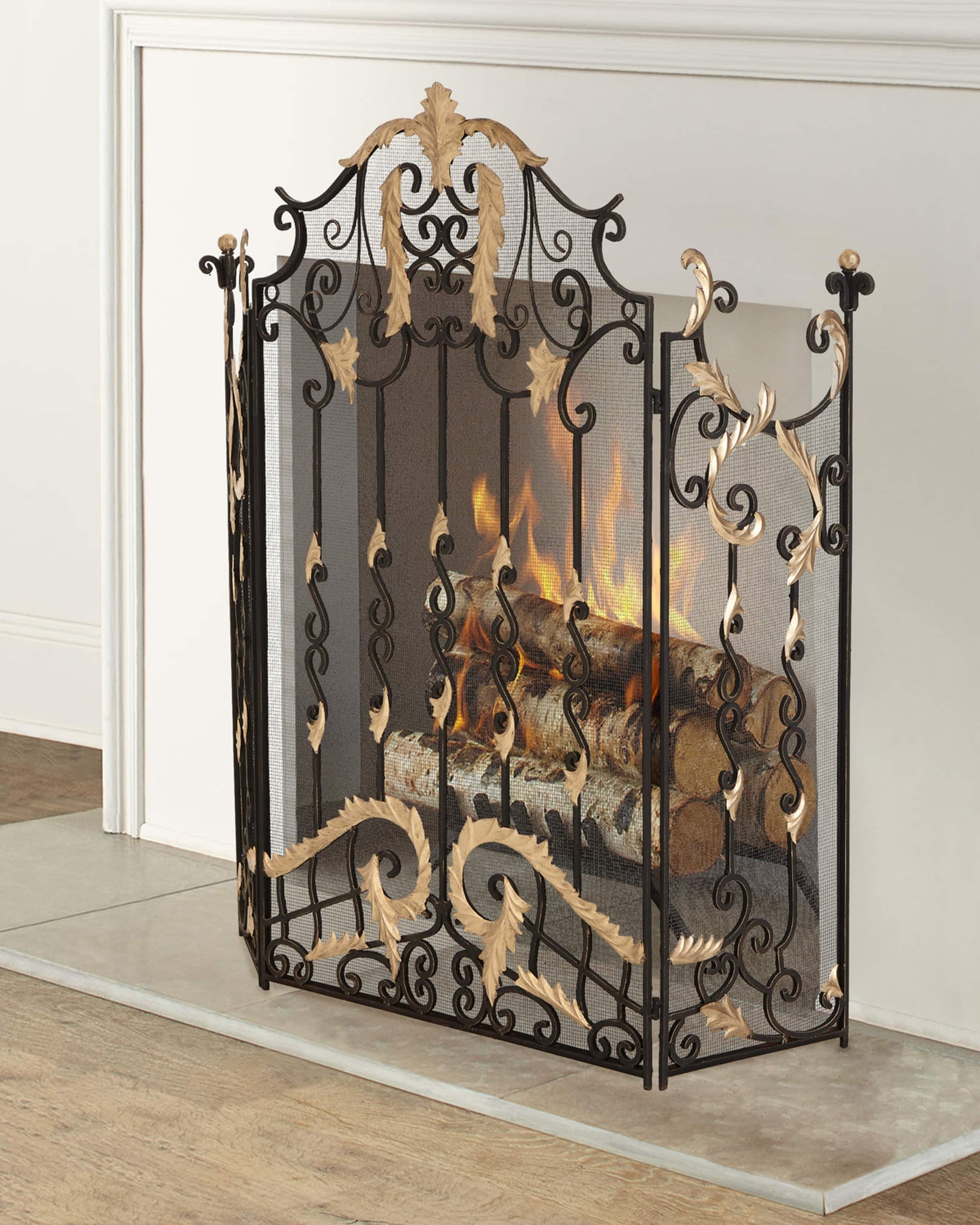 Burnished Gold 3 Panel Acanthus Gate Design Fire Screen