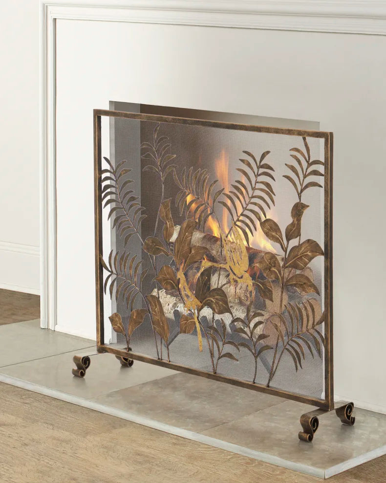 Single Panel Fire Screen with Leaves and Italian Gold Finish Birds