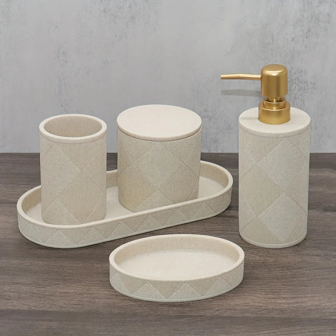 Nordic Modern Beige Bathroom Set - Complete Shower & Sink Organizer Kit with Toothbrush Holder, Soap Dispenser-Compatible Tray, Durable Beige Storage Compartments for Countertop - Minimalist Scandinavian Style (No Assembly Re