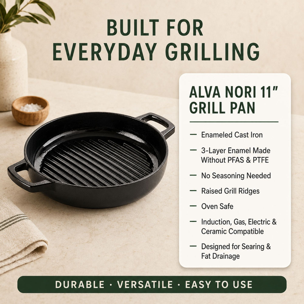 Enameled Cast Iron Grill Pan, 11