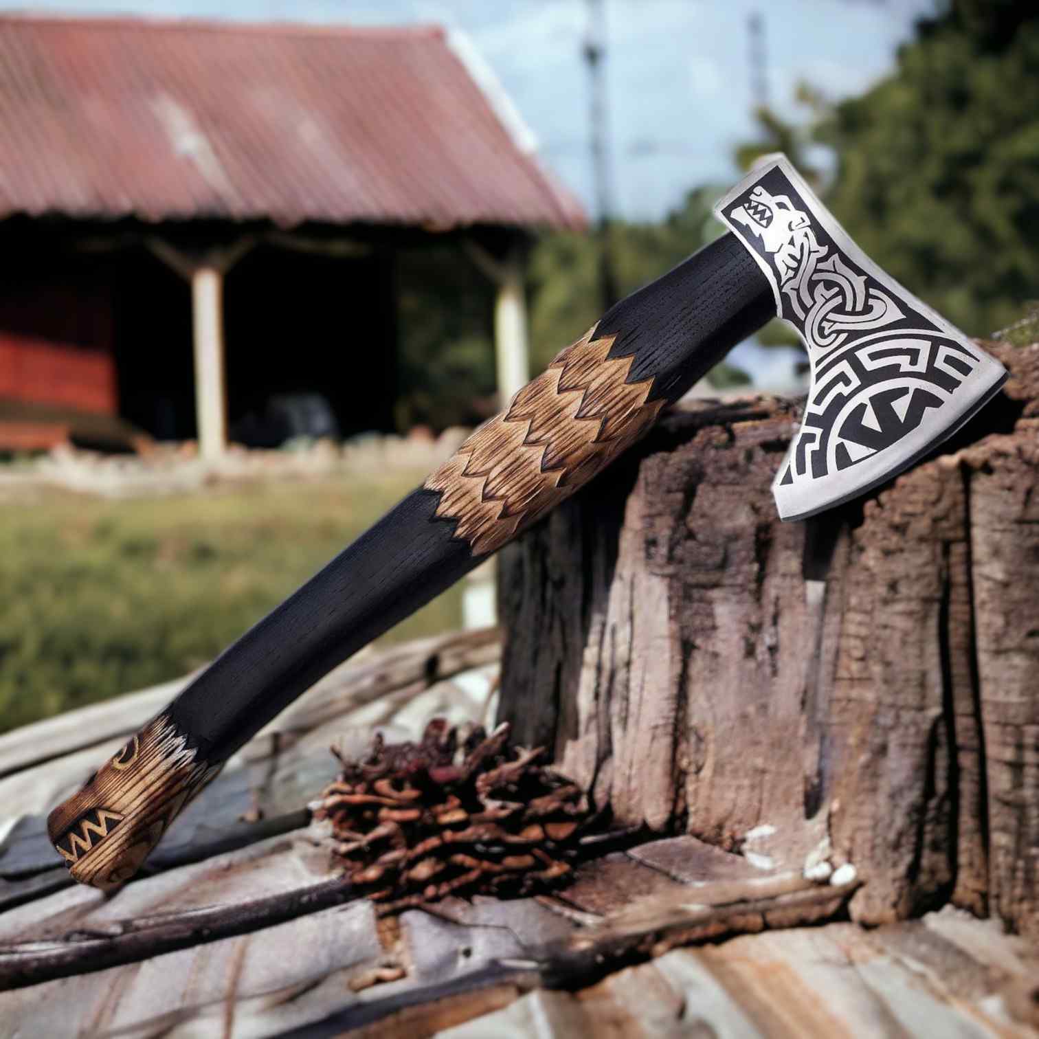 Norse Wolf Viking Axe – Hand-Forged 1075 Steel Bearded Axe with Ash Handle