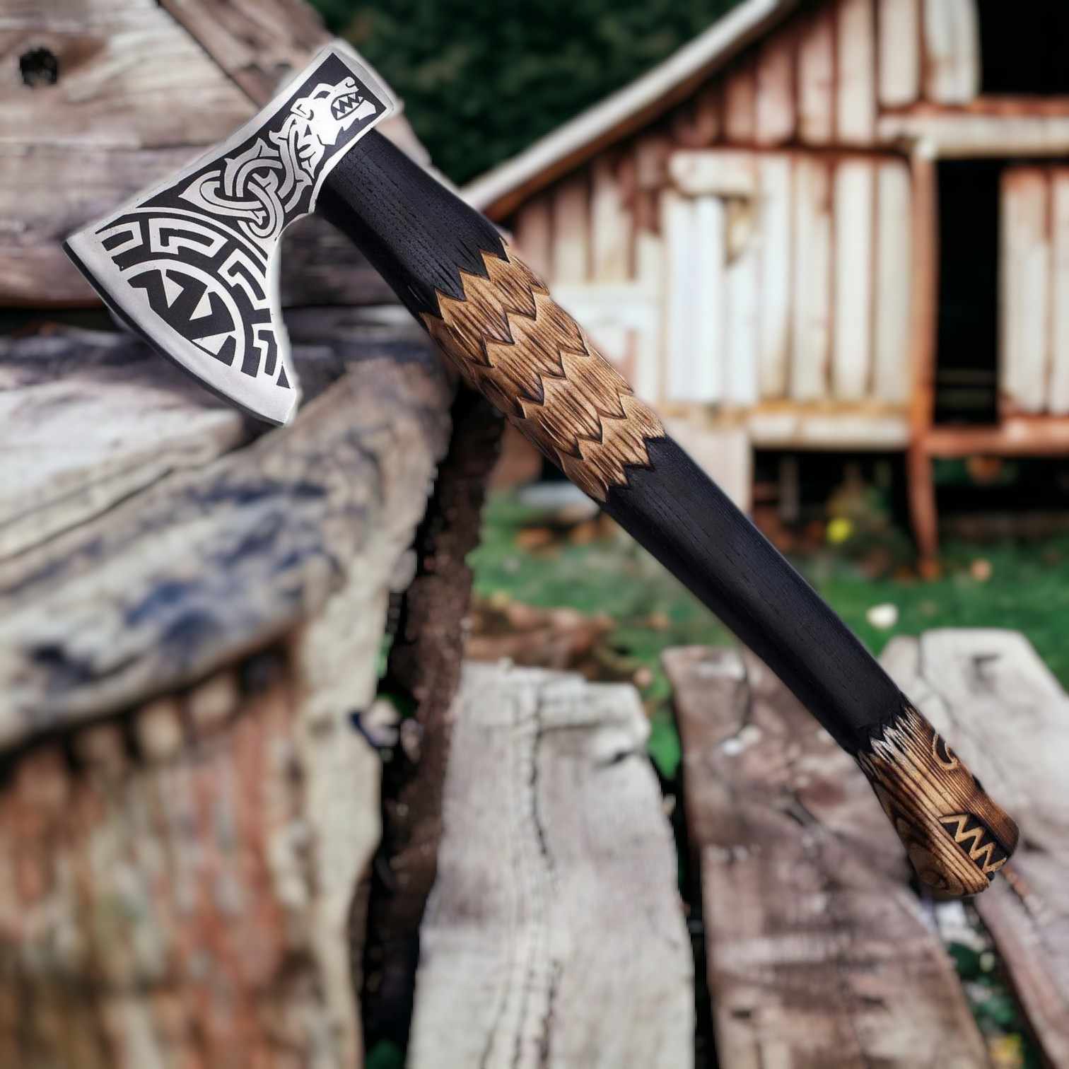 Norse Wolf Viking Axe – Hand-Forged 1075 Steel Bearded Axe with Ash Handle