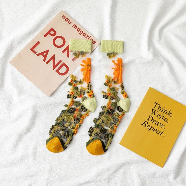 Novelty Harajuku Crystal Silk Tide Socks Funny Sunflowers Vines Flowers Happy Socks Casual High Quality Socks for Women