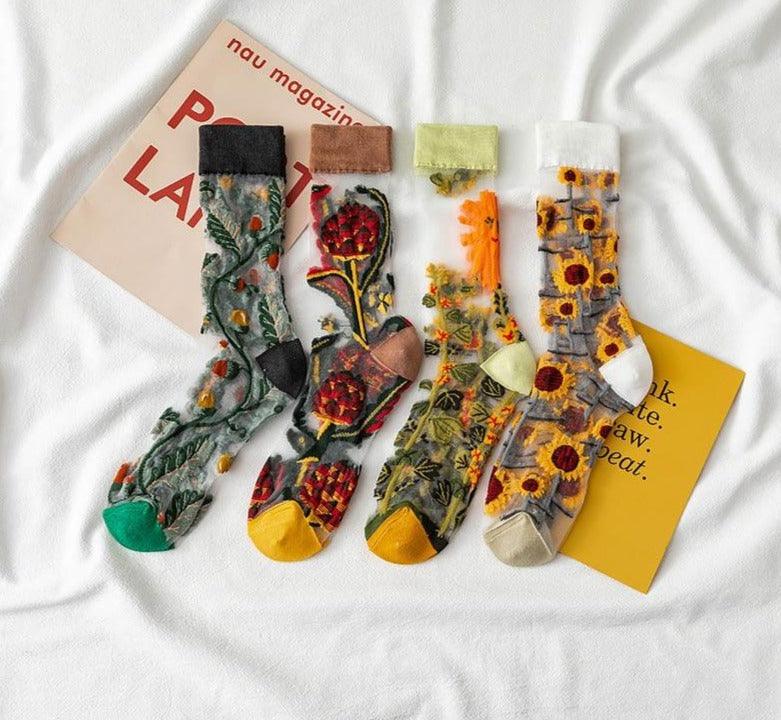 Novelty Harajuku Crystal Silk Tide Socks Funny Sunflowers Vines Flowers Happy Socks Casual High Quality Socks for Women