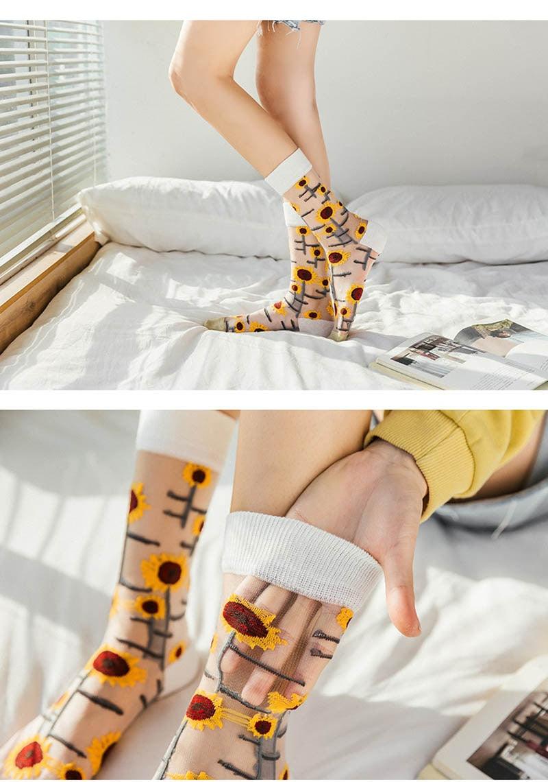 Novelty Harajuku Crystal Silk Tide Socks Funny Sunflowers Vines Flowers Happy Socks Casual High Quality Socks for Women