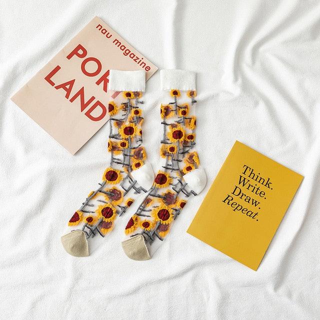 Novelty Harajuku Crystal Silk Tide Socks Funny Sunflowers Vines Flowers Happy Socks Casual High Quality Socks for Women