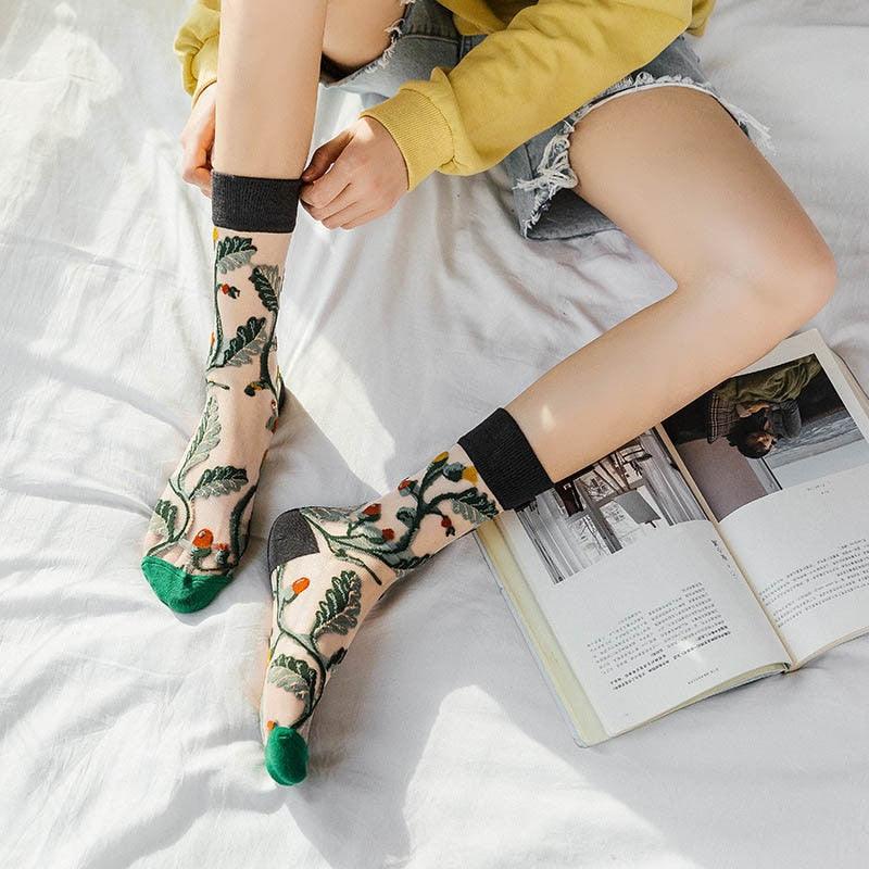 Novelty Harajuku Crystal Silk Tide Socks Funny Sunflowers Vines Flowers Happy Socks Casual High Quality Socks for Women