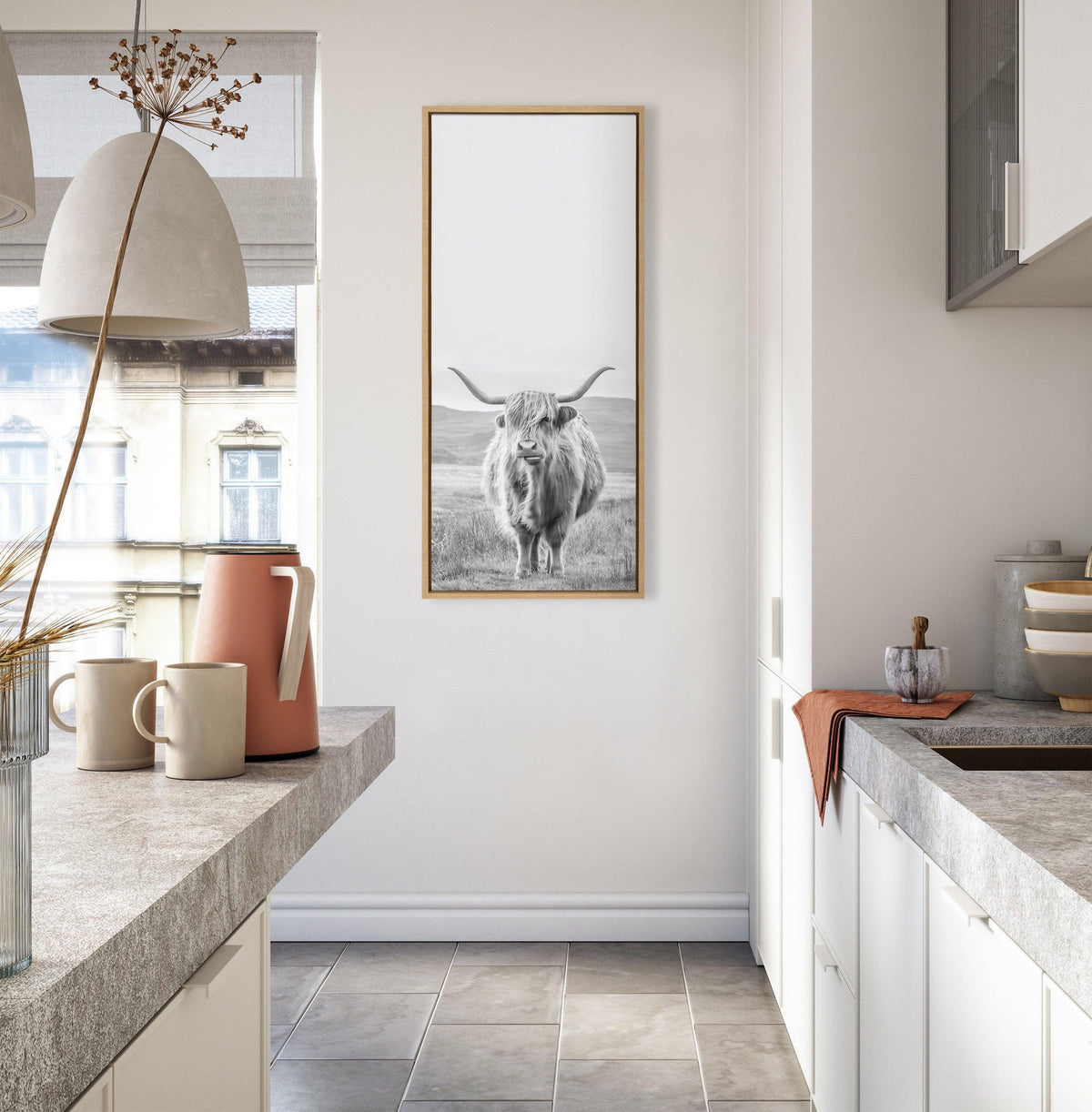 Sylvie Highland Cow Mountain Landscape Black and White Framed Canvas by The Creative Bunch Studio