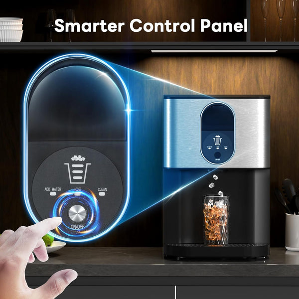 Smart water dispenser with control panel and hand pointing at it, kitchen setting.