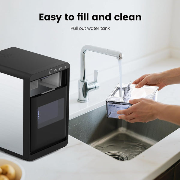 Black and silver water filter with a hand pulling out a water tank from a sink.