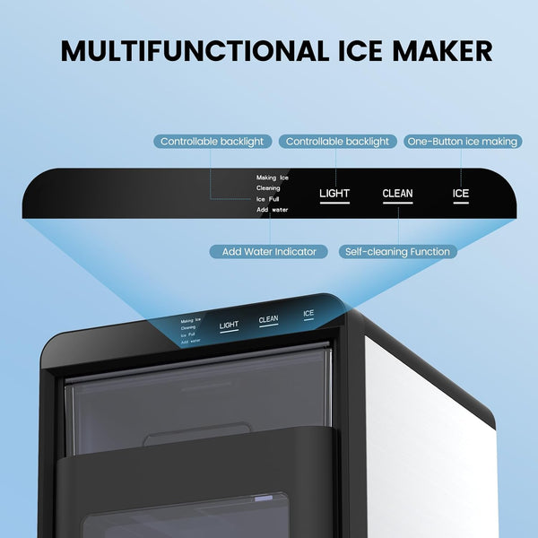 Multifunctional ice maker with control panel on a light blue background