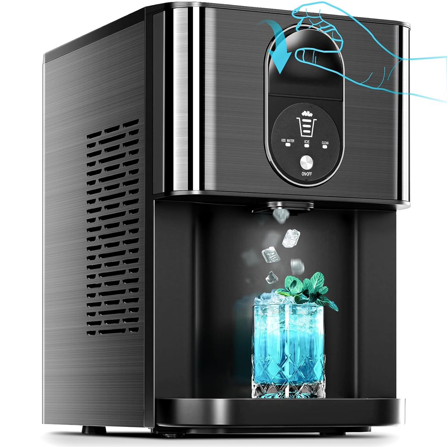Black ice maker with a glass of blue liquid and mint leaves on a white background