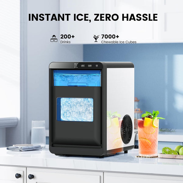 Portable ice maker on a kitchen counter with text 'Instant Ice, Zero Hassle' and statistics.