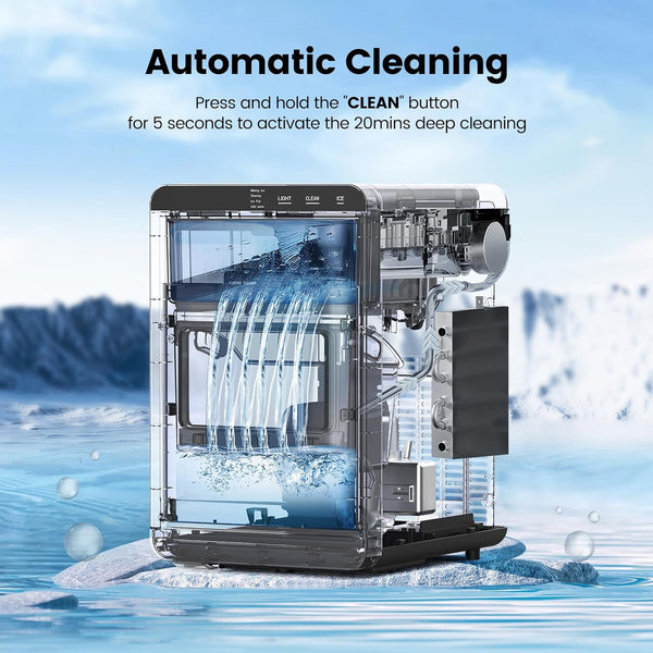 Automatic cleaning device with water flowing through it, set against a blue background.