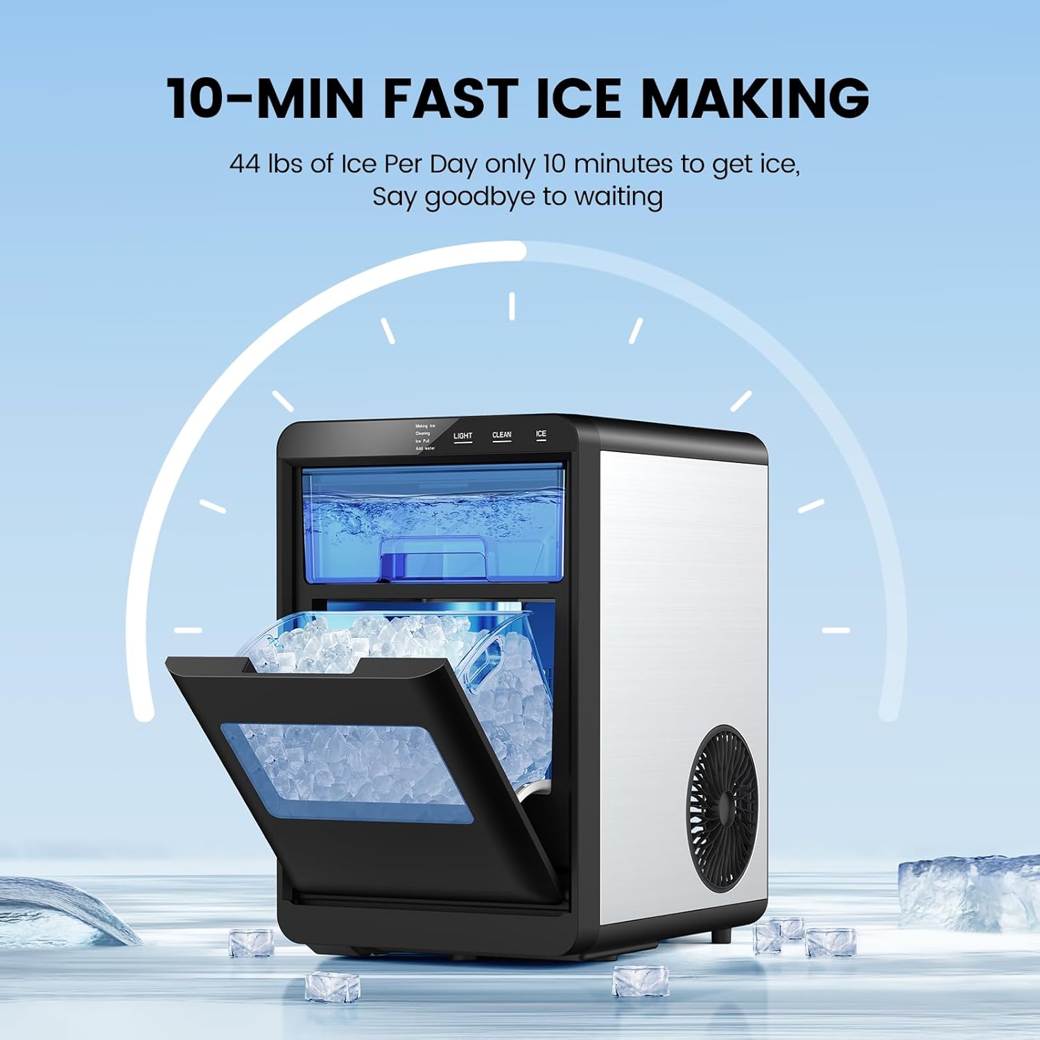 Ice maker with text about fast ice making on a blue background