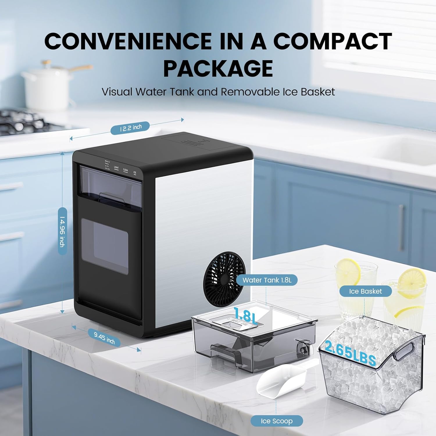 Small kitchen appliance with water tank and ice basket on a countertop, labeled 'Convenience in a Compact Package'.