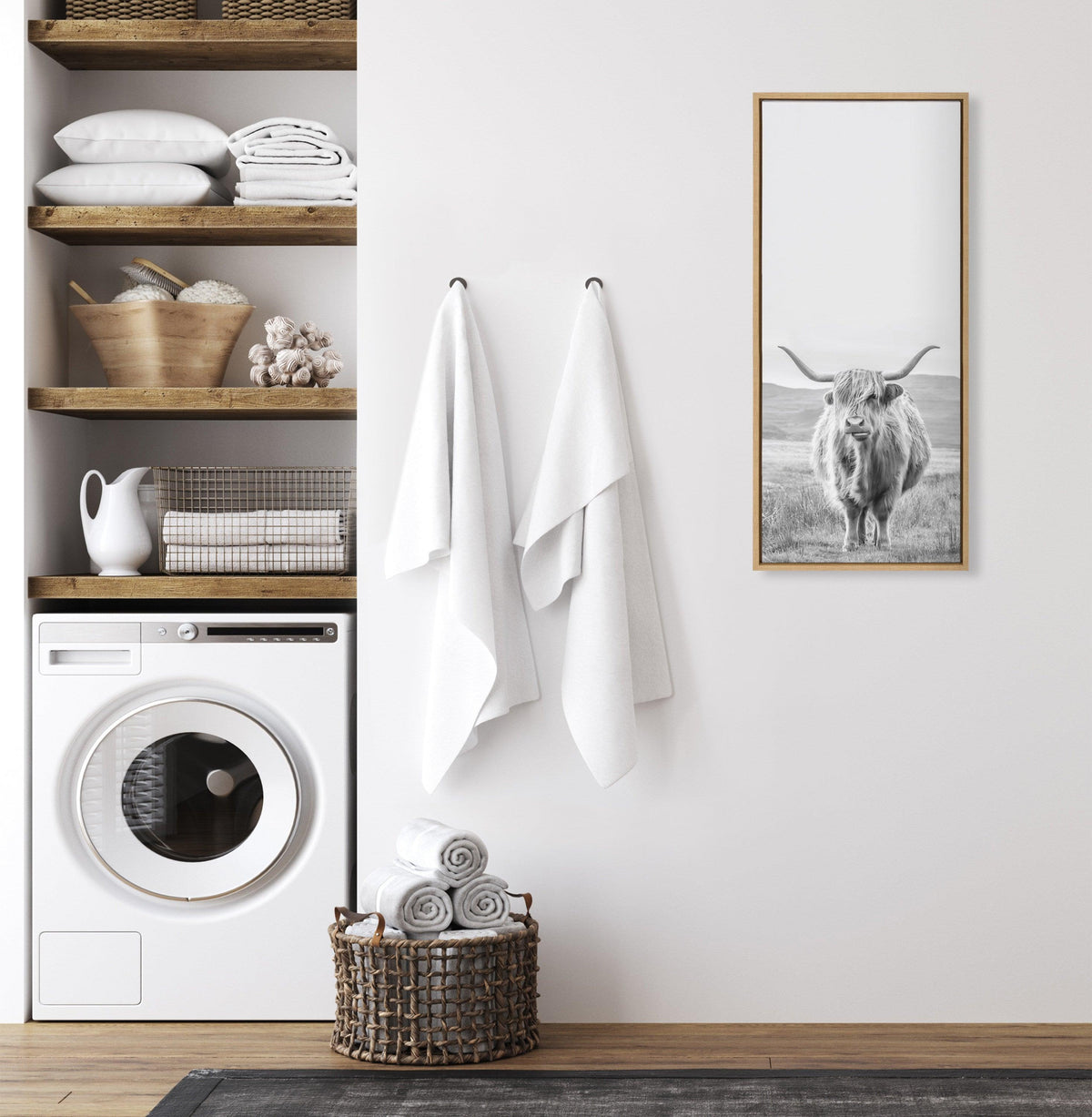 Sylvie Highland Cow Mountain Landscape Black and White Framed Canvas by The Creative Bunch Studio