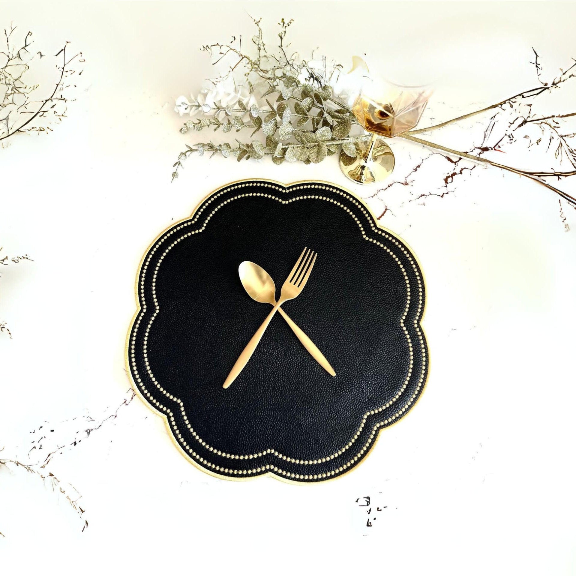 NURTURE BLACK GOLD SCALLOPED FAUX LEATHER PLACEMAT