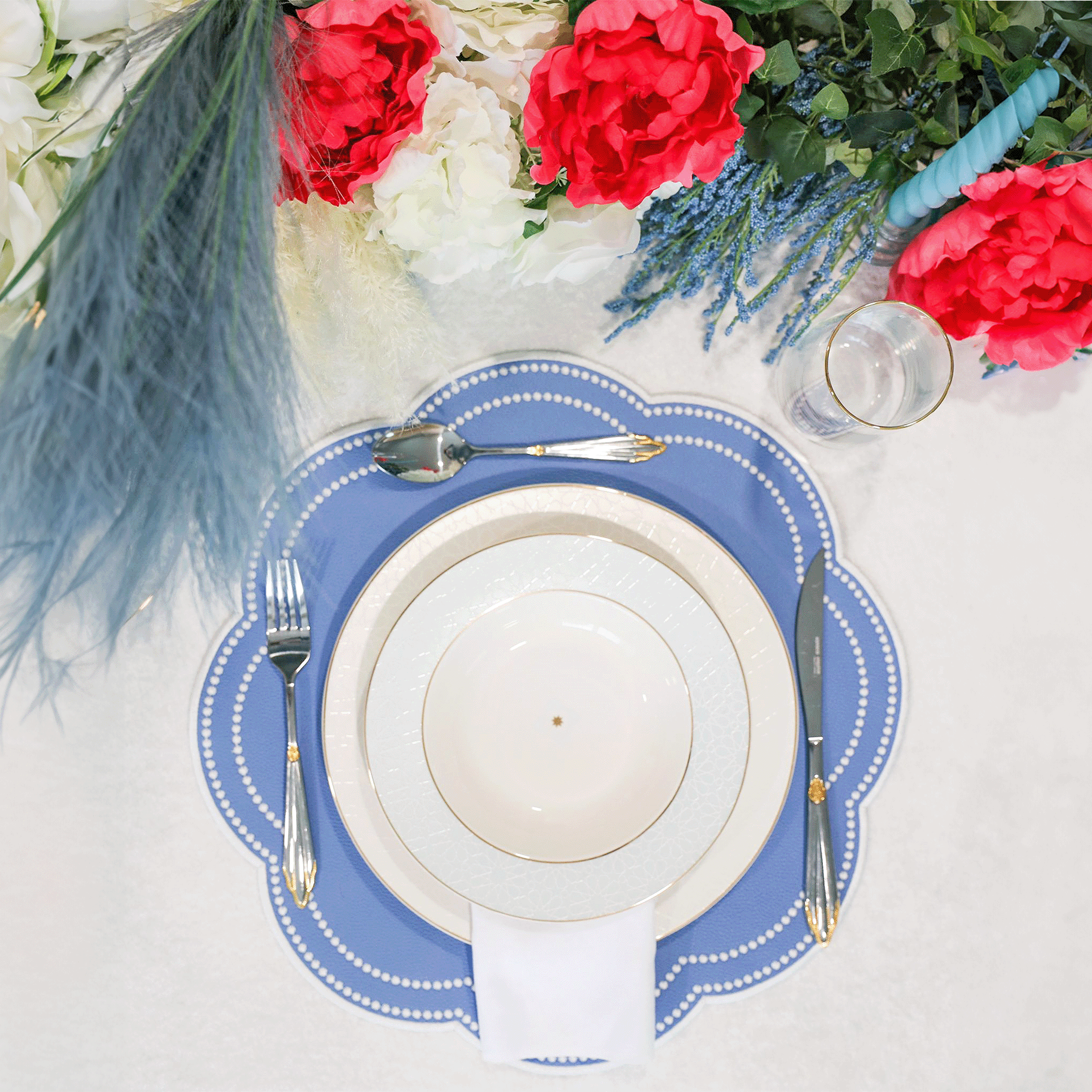 SPRING TABLE DECOR – NURTURE LIGHT BLUE SCALLOPED FAUX LEATHER PLACEMAT