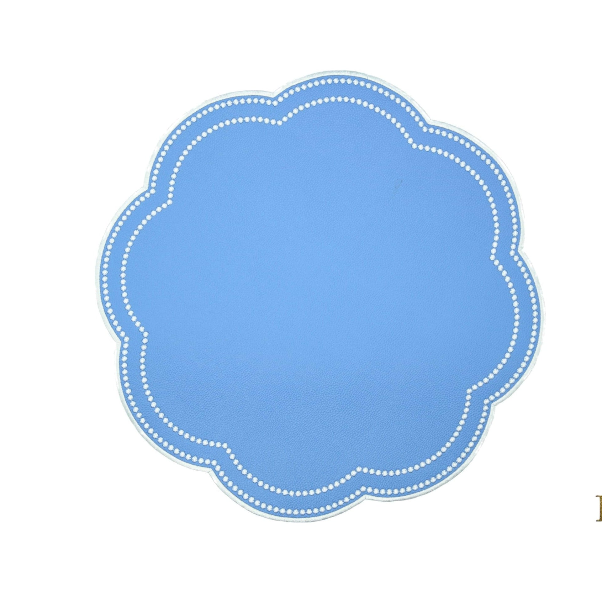 SPRING TABLE DECOR – NURTURE LIGHT BLUE SCALLOPED FAUX LEATHER PLACEMAT