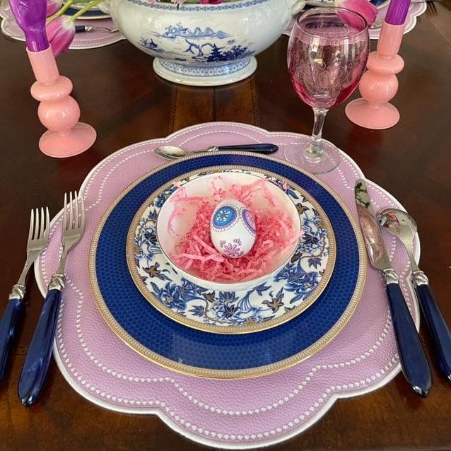 SPRING TABLE DECOR – NURTURE PURPLE SCALLOPED FAUX LEATHER PLACEMAT