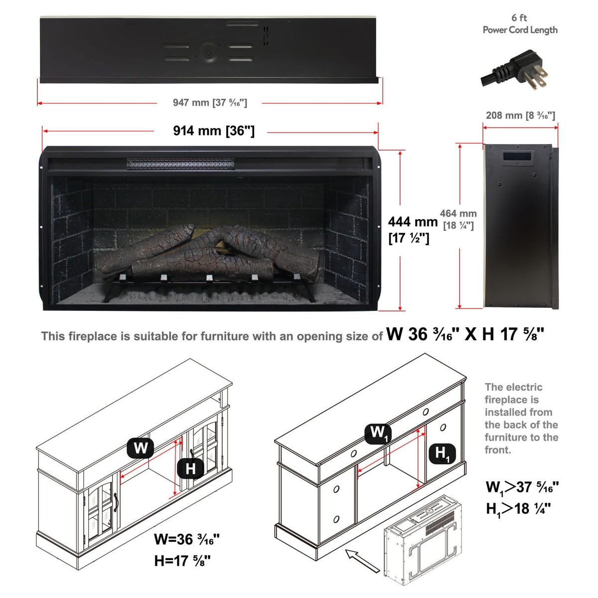36-Inch Electric Antique Black Touch Panel Infrared Fireplace Insert With Removable Trim Kit (SAK84610)