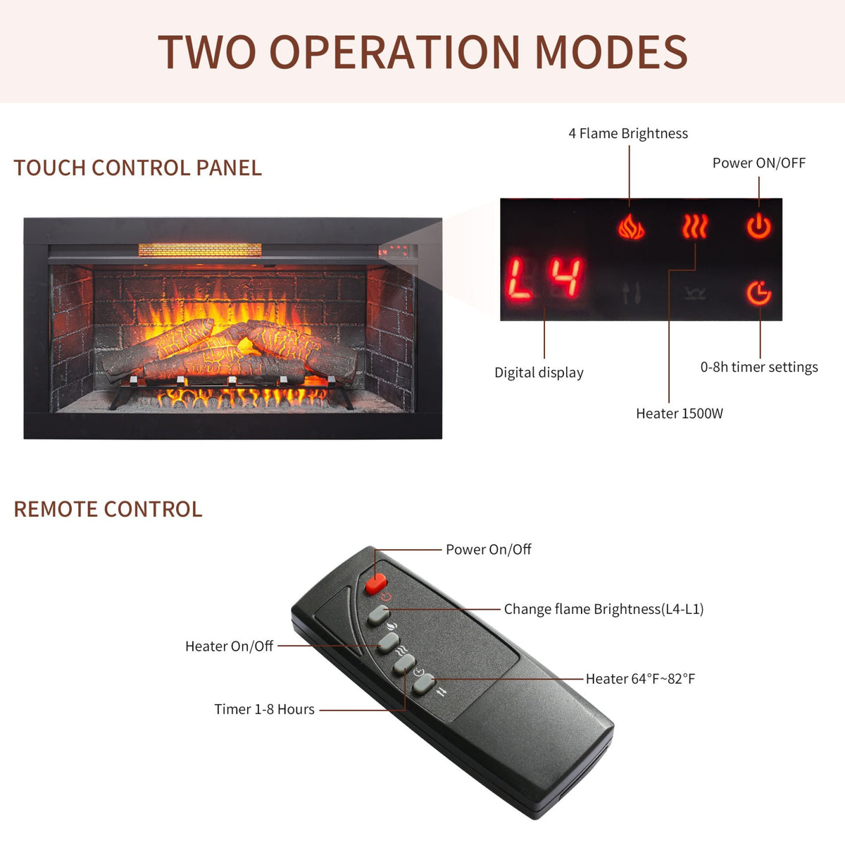 36-Inch Electric Antique Black Touch Panel Infrared Fireplace Insert With Removable Trim Kit (SAK84610)
