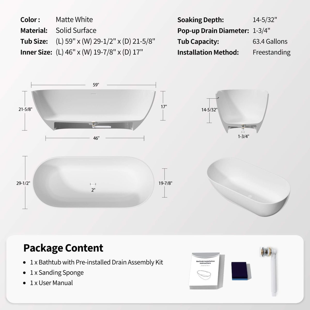Wavecrest 59-Inch Luxury Solid Surface Matte White Freestanding Soaking Tub (SAK95320)