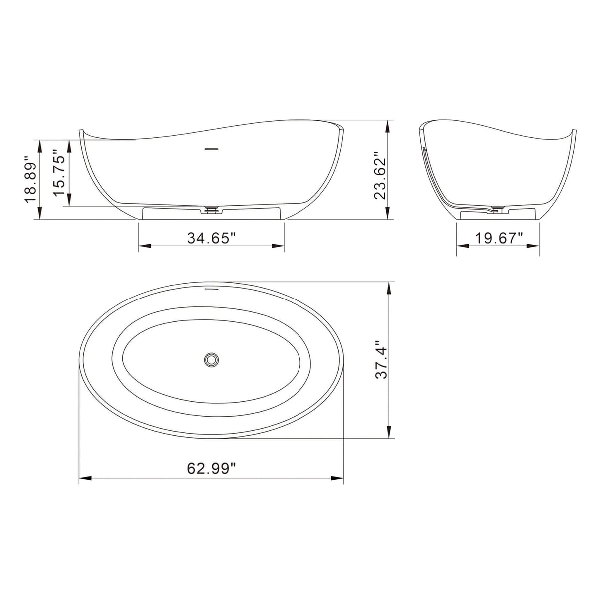 63-Inch Modern Freestanding Single-Piece Matte Black Finish Stone Resin Bathtub (SAK69041)