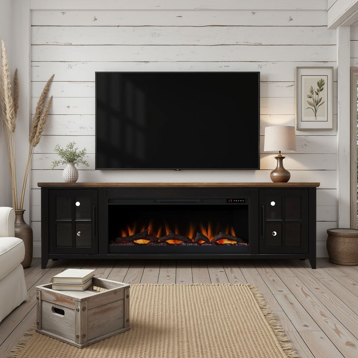 83-Inch Bourbon Black TV Stand With Fireplace And Glass Windowpane Doors (SAK40281)