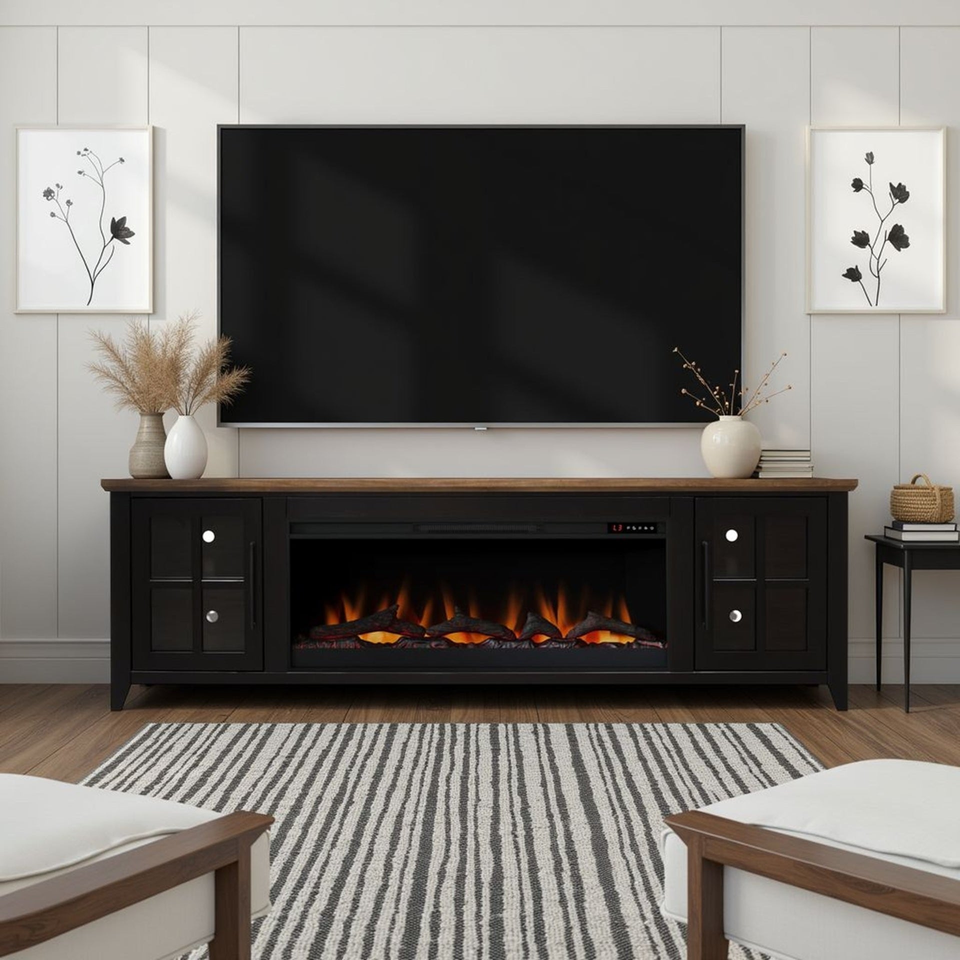 83-Inch Bourbon Black TV Stand With Fireplace And Glass Windowpane Doors (SAK40281)