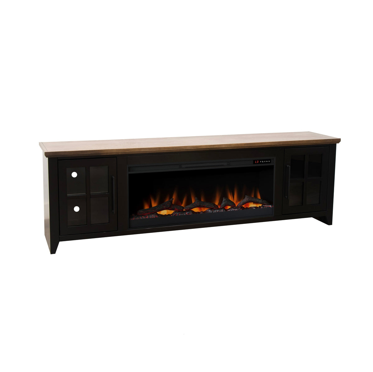83-Inch Bourbon Black TV Stand With Fireplace And Glass Windowpane Doors (SAK40281)